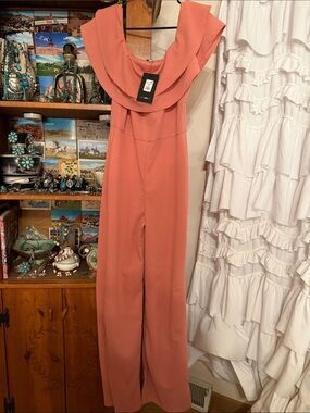 Fashion Nova Coral Ruffle-Neck Wide Leg Jumpsuit